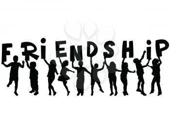 Friendship concept with black sillhouettes of children holding letters with word Friendship
