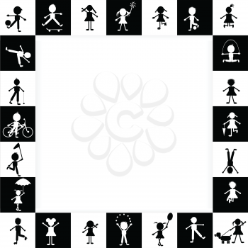 Black and white frame with stylized kids