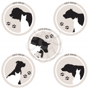 Set of icons for pet shop with dog and cat silhouettes