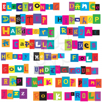 Set of music genres made of colorful letters over white background