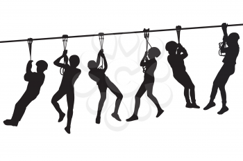 Silhouettes of children playing with a tyrolean traverse