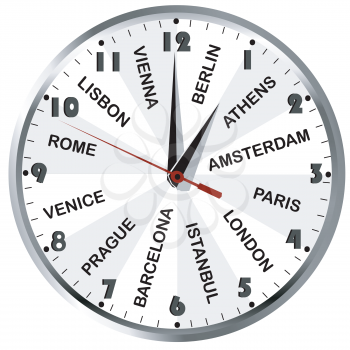Wall clock with European city names for travel agency