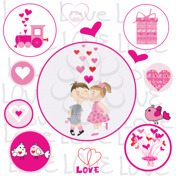 Set of round frames with Valentine elements with cartoon boy and girl