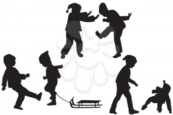 Silhouettes of children playing in the winter
