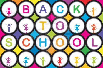 BACK TO SCHOLL colorful background with round shapes and cartoon kids
