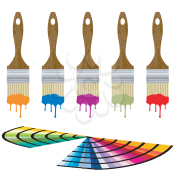 Color samples and set of paintbrushes over white background