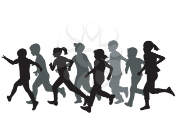 Children silhouettes running on white background