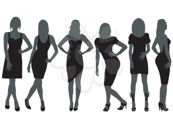 Women silhouettes set with rainbow color dresses and shoes