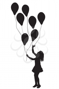 Girl silhouette with balloons on white background