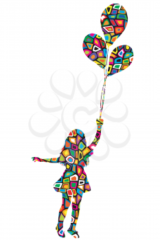 Girl with balloons in colorful pattern texture on white background