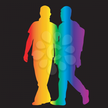Gay silhouettes in rainbow colors on black background