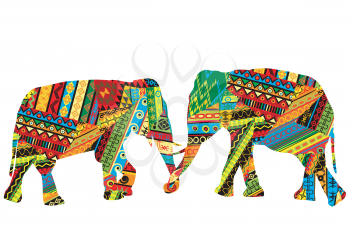 Two elephants in the colorful ethnic motifs pattern