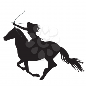 Black silhouette of an amazon warrior woman riding a horse with bow and arrow 