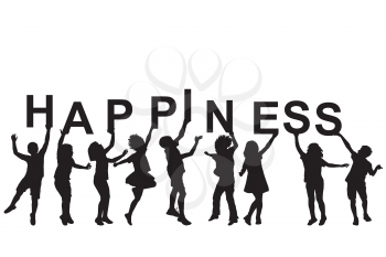 Kids silhouettes holding letters with word HAPPINESS in their hands