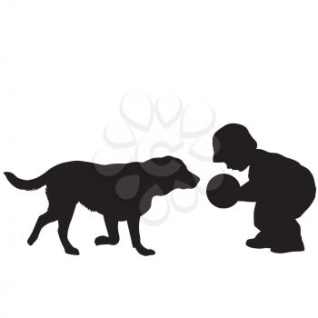 Silhouette of a toddler playing with a dog