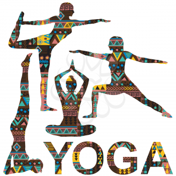 Yoga background with silhouettes ornate with ethnic motifs