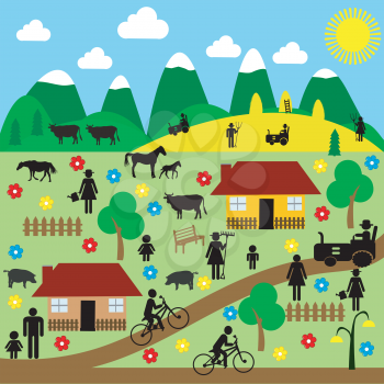 Countryside scene with pictograms with domestic animals and peasants
