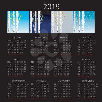 2019 calendar with seasons and birch tree on black background