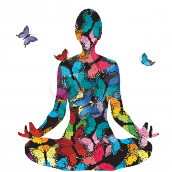 Abstract woman silhouette in yoga pose with butterflies