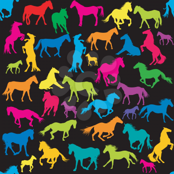 Colored seamless background with silhouettes of horses