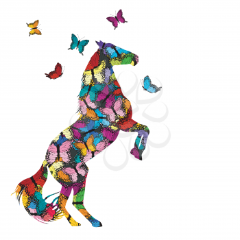 Colorful illustration with patterned rear horse and butterflies