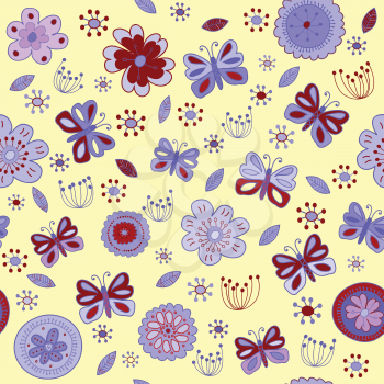 Floral seamless pattern with red and purple flowers and butterflies on yellow background
