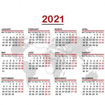 2021 calendar with world map