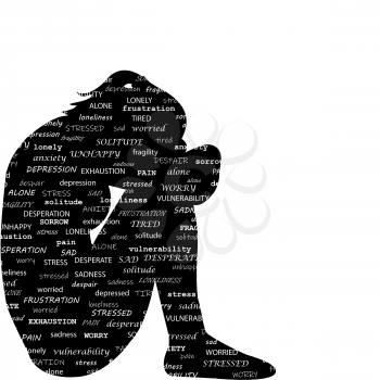 Sad woman silhouette with typography pattern