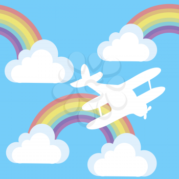 Cartoon background with plane and clouds and rainbow in the sky