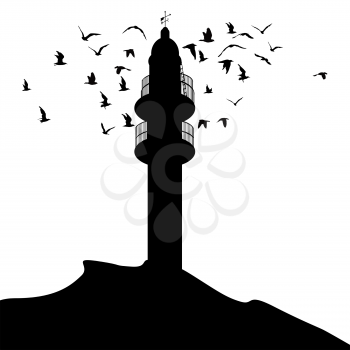 Lighthouse silhouette and black birds flying around it