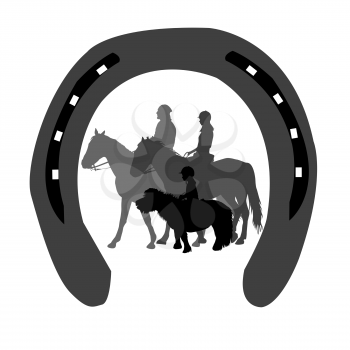 Emblem riding club with silhouettes of riders of all ages in a horseshoe