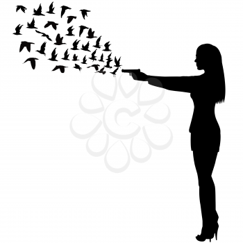 Silhouette of a beautiful sexy woman shoot the gun and birds coming out of the gun