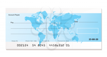 Royalty Free Clipart Image of a Cheque With a World Map on It