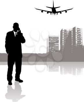 Royalty Free Clipart Image of a Man on the Phone in Front of Buildings With a Plane Overhead