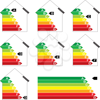 Royalty Free Clipart Image of Seven Houses With Energy Ratings