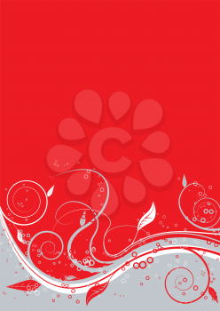 Royalty Free Clipart Image of a Red and Grey Background Divided by a Leafy Flourish