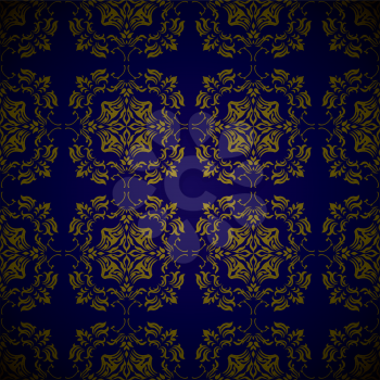 Royal blue and gold seamless repeating design with floral elements