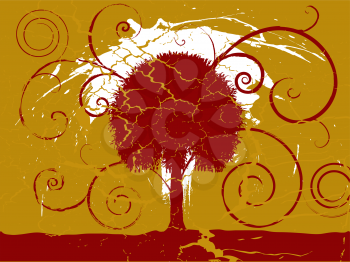 Royalty Free Clipart Image of a Tree With Flourishes in Front of an Inkblot