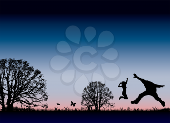 Royalty Free Clipart Image of a Happy Couple Jumping Against a Sunset