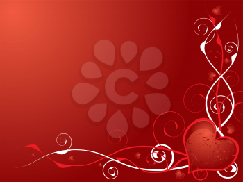 Royalty Free Clipart Image of a Red Background With a Heart in the Bottom Corner and Flourishes on the Side and Bottom