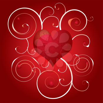 Royalty Free Clipart Image of a Heart and Flourish on a Red Background