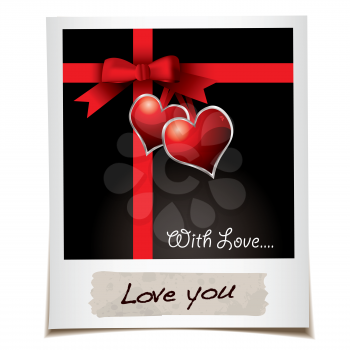 Royalty Free Clipart Image of an Instant Photo With a Red Ribbon and Hearts
