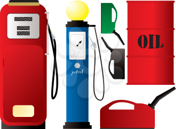 Royalty Free Clipart Image of Gas Pumps and Oil Drums