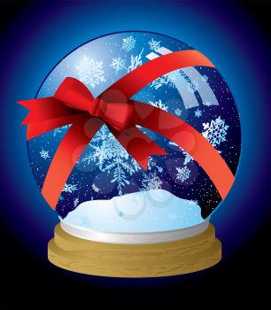 Royalty Free Clipart Image of a Snow Globe in a Red Ribbon