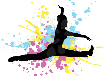 Royalty Free Clipart Image of a Woman Jumping Against a Colourful Spatter
