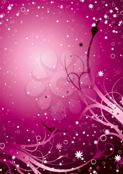 Royalty Free Clipart Image of a Pink Background With Flourishes, Circles and Stars
