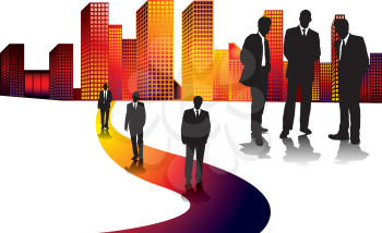 Royalty Free Clipart Image of a Group of Business People in Front of Buildings