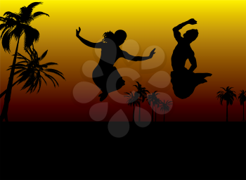 Royalty Free Clipart Image of a Jumping Couple Against a Sunset