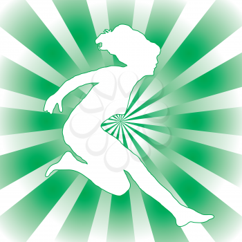 Royalty Free Clipart Image of a Jumping Woman on a Green Striped Background