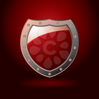 Bright red secure sheild with screws and spot light background